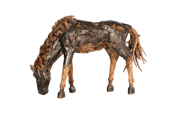Phillips Collection Mustang Horse Armored Sculpture by Timbul Raharjo - Handcrafted Art Piece for Dramatic Spaces Grazing, Natural Bronze Finish ID116543