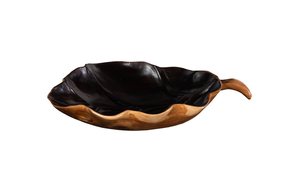 Phillips Collection Leaf Bowl, Handcrafted Teak Wood Centerpiece with Black Accents for Modern Home Decor & Display ID117518