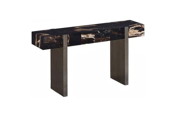 Phillips Collection Petramosaic Console Table – Unique Petrified Wood Top with Sleek Brushed Stainless Steel Legs ID119996