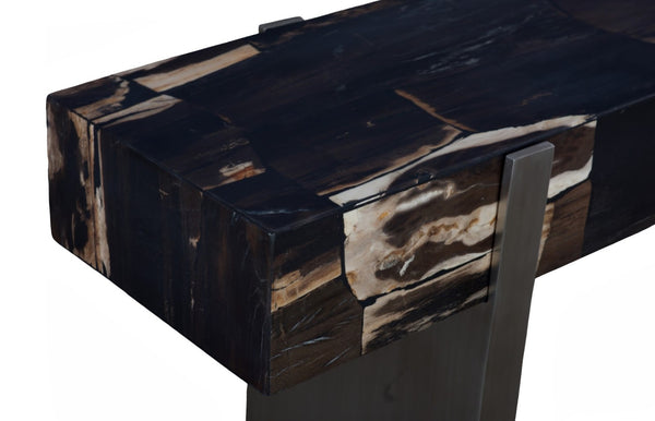 Phillips Collection Petramosaic Console Table – Unique Petrified Wood Top with Sleek Brushed Stainless Steel Legs ID119996