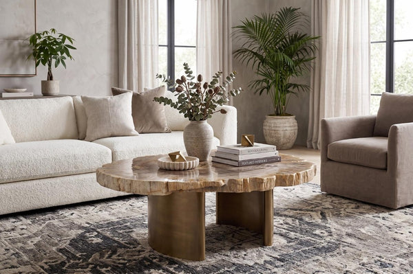 Phillips Collection Tero Genuine Petrified Wood Coffee Table with Polished Brass Legs for Modern Living ID121087
