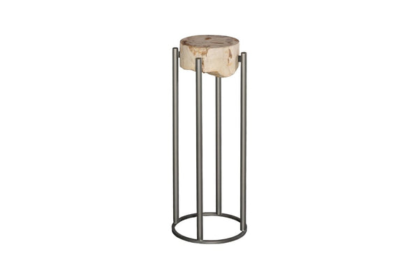 Phillips Collection Petrified Wood Side Table with Sculptural Metal Base Fossilized Grain Organic Accent Round Base Large ID121097