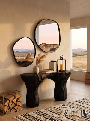 Phillips Collection Petrified Wood and Black Metal Square Wall Mirror Sculptural Organic Foyer Accent Small ID121103