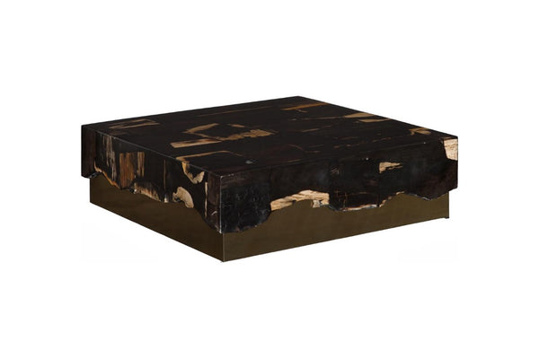 Phillips Collection Petramosaic Petrified Wood Square Coffee Table with Warm Brass Base for Modern Living ID121105