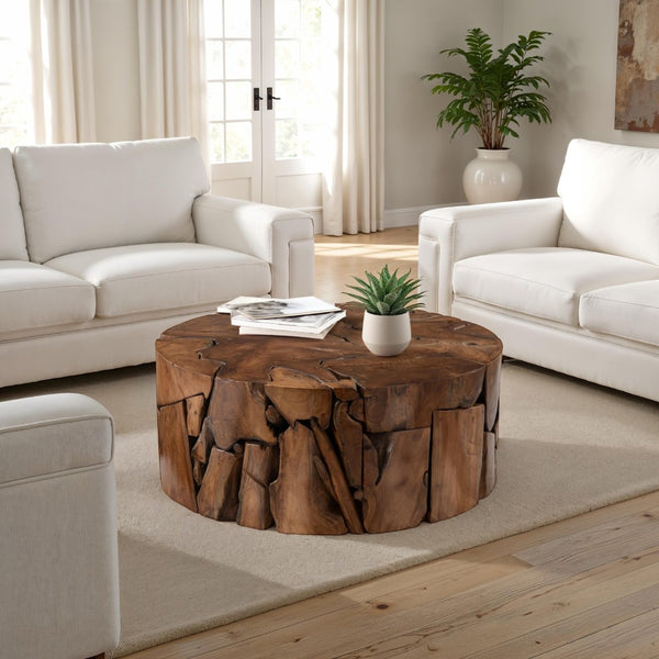 Phillips Collection Teak Round Coffee Table - Unique Handcrafted Solid Wood, Rustic Mosaic Design for Modern Interiors ID65143