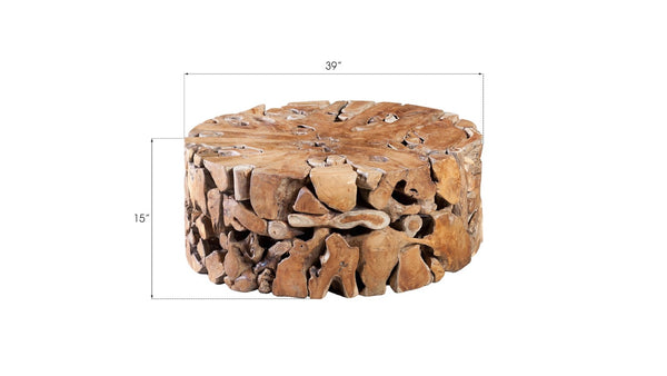 Phillips Collection Teak Round Coffee Table - Unique Handcrafted Solid Wood, Rustic Mosaic Design for Modern Interiors ID65143
