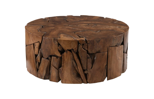 Phillips Collection Teak Round Coffee Table - Unique Handcrafted Solid Wood, Rustic Mosaic Design for Modern Interiors ID65143