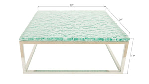 Phillips Collection Bubble Glass Coffee Table with Turquoise Tint and Organic Stone Texture Stainless Base ID74368