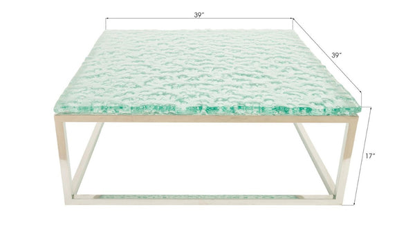 Phillips Collection Bubble Glass Coffee Table with Turquoise Tint and Organic Stone Texture Stainless Base ID74368