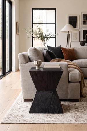Phillips Collection Suar Wood Sculptural Hourglass Accent Stool with Ebony Grain Finish for Modern Interiors ID83693