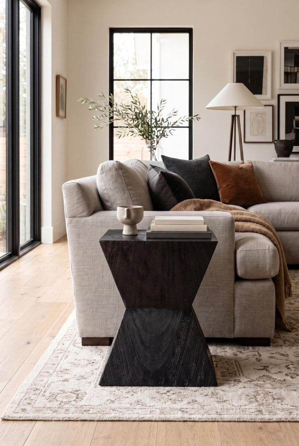 Phillips Collection Suar Wood Sculptural Hourglass Accent Stool with Ebony Grain Finish for Modern Interiors ID83693