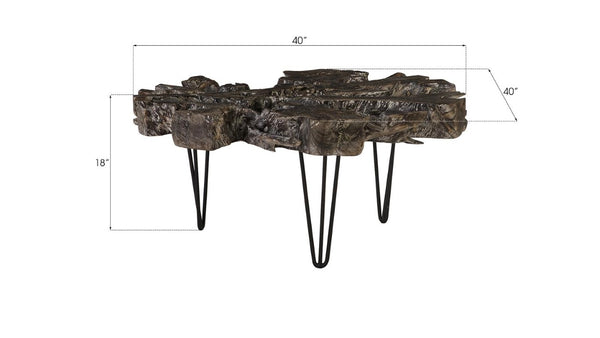 Phillips Collection Flux Solid Teak Root Slab Coffee Table with Black Wash Finish and Iron Legs ID85099
