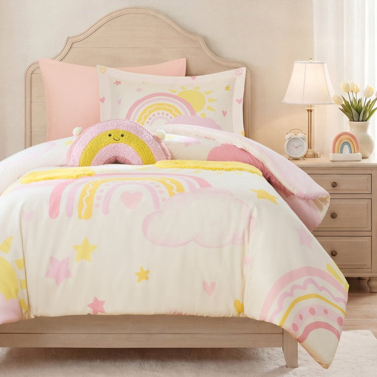 JLA Home Sunshine Kids Comforter Set with Sherpa Applique Embroidered Suns and Rainbow Pillow 68 W x 90 L IDK10-0015