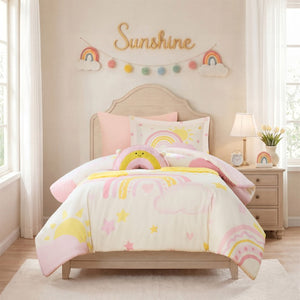 JLA Home Sunshine Kids Comforter Set with Sherpa Applique Embroidered Suns and Rainbow Pillow 68 W x 90 L IDK10-0015