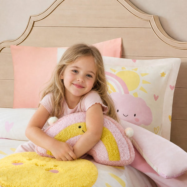 JLA Home Sunshine Kids Comforter Set with Sherpa Applique Embroidered Suns and Rainbow Pillow 68 W x 90 L IDK10-0015