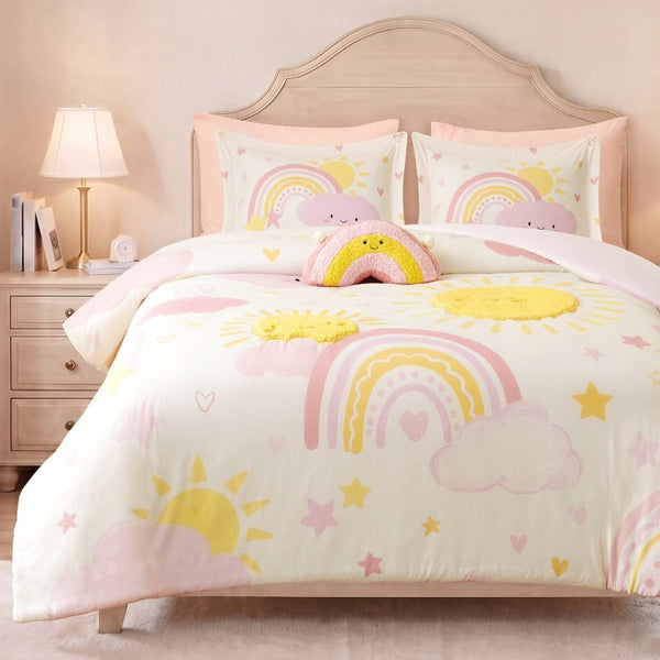 JLA Home Sunshine Kids Comforter Set with Sherpa Applique Embroidered Suns and Rainbow Pillow 90 W x 90 L IDK10-0016