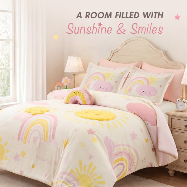 JLA Home Sunshine Kids Comforter Set with Sherpa Applique Embroidered Suns and Rainbow Pillow 90 W x 90 L IDK10-0016