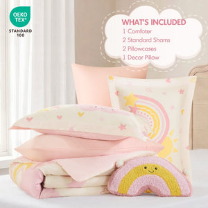 JLA Home Sunshine Kids Comforter Set with Sherpa Applique Embroidered Suns and Rainbow Pillow 90 W x 90 L IDK10-0016