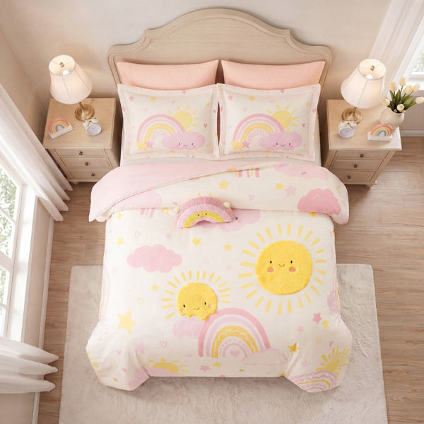 JLA Home Sunshine Kids Comforter Set with Sherpa Applique Embroidered Suns and Rainbow Pillow 90 W x 90 L IDK10-0016