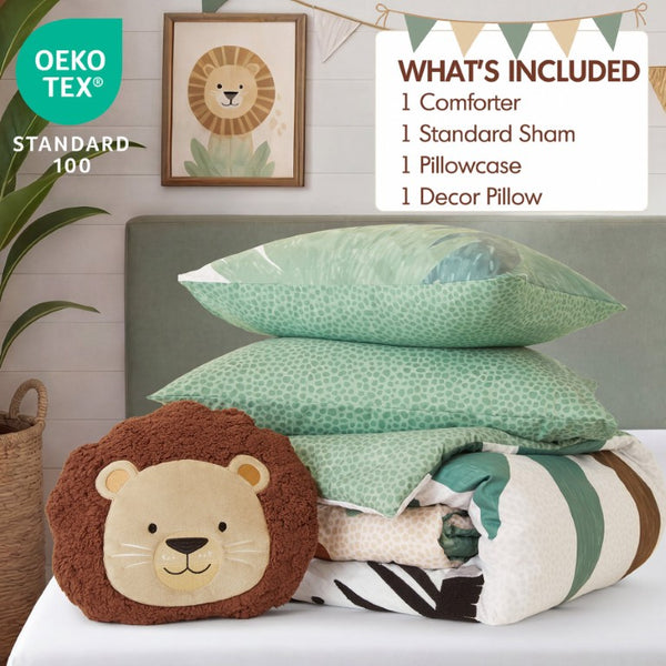 JLA Home Safari Kids Jungle Animal Microfiber Comforter Set with Sherpa Applique Lion Detail 68 W x 90 L IDK10-0019
