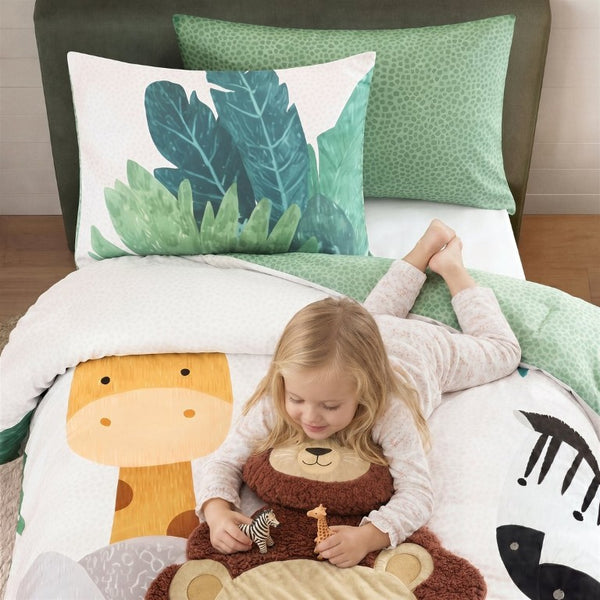 JLA Home Safari Kids Jungle Animal Microfiber Comforter Set with Sherpa Applique Lion Detail 68 W x 90 L IDK10-0019