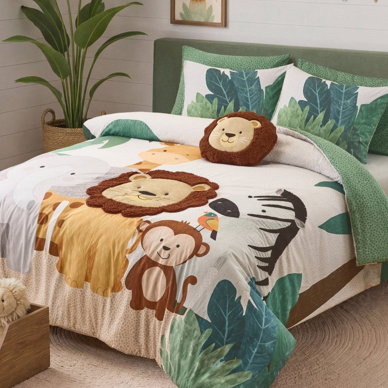 JLA Home Safari Kids Jungle Animal Microfiber Comforter Set with Sherpa Applique Lion Detail 90 W x 90 L IDK10-0020