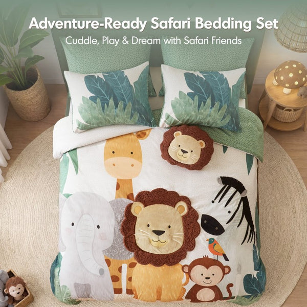 JLA Home Safari Kids Jungle Animal Microfiber Comforter Set with Sherpa Applique Lion Detail 90 W x 90 L IDK10-0020