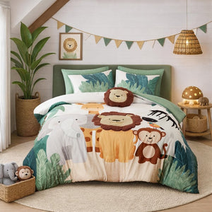 JLA Home Safari Kids Jungle Animal Microfiber Comforter Set with Sherpa Applique Lion Detail 90 W x 90 L IDK10-0020