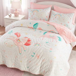 JLA Home Unicorn Dream Kids Quilt Set with Faux Fur Applique Hand Quilted Microfiber Bedding 88 W x 90 L IDK13-0006