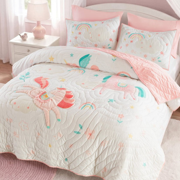 JLA Home Unicorn Dream Kids Quilt Set with Faux Fur Applique Hand Quilted Microfiber Bedding 88 W x 90 L IDK13-0006
