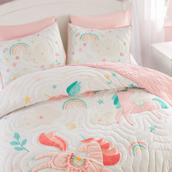 JLA Home Unicorn Dream Kids Quilt Set with Faux Fur Applique Hand Quilted Microfiber Bedding 88 W x 90 L IDK13-0006