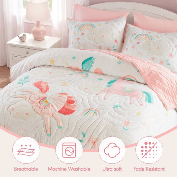JLA Home Unicorn Dream Kids Quilt Set with Faux Fur Applique Hand Quilted Microfiber Bedding 88 W x 90 L IDK13-0006