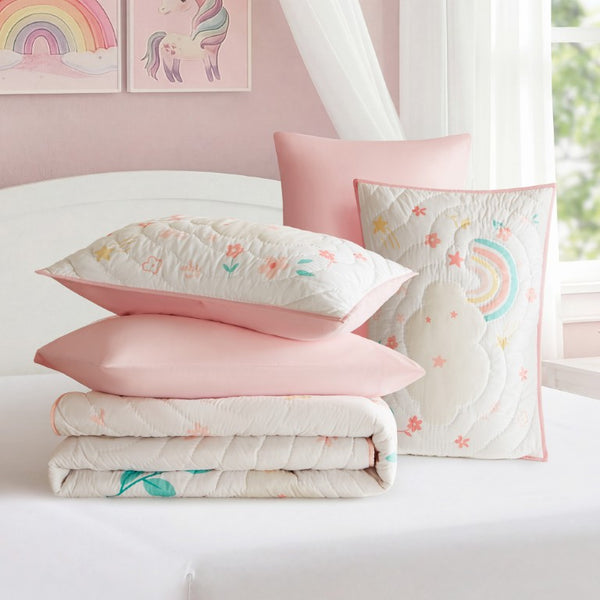JLA Home Unicorn Dream Kids Quilt Set with Faux Fur Applique Hand Quilted Microfiber Bedding 88 W x 90 L IDK13-0006