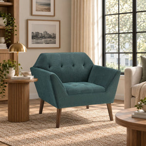JLA Home Newport Hand Tufted Wide Lounge Chair with Pecan Wood Legs for Living Spaces Teal Single II100-0620
