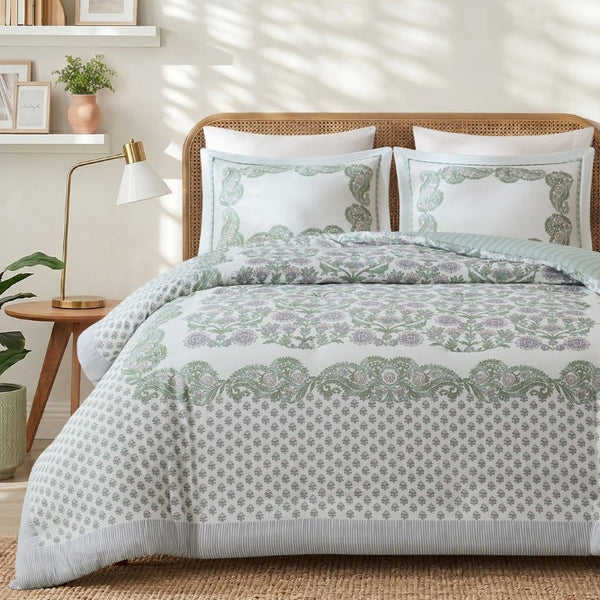 JLA Home Tilly Floral Paisley Duvet Set Reversible Cotton Dobby Weave with Sage Ticking Stripe 90 W x 92 L II12-1352