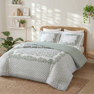 JLA Home Tilly Floral Paisley Duvet Set Reversible Cotton Dobby Weave with Sage Ticking Stripe 90 W x 92 L II12-1352