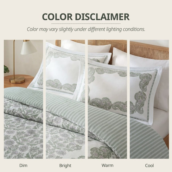 JLA Home Tilly Floral Paisley Duvet Set Reversible Cotton Dobby Weave with Sage Ticking Stripe 106 W x 94 L II12-1353