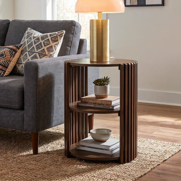 JLA Home Wyatt Slatted Pine Round End Table Two Open Shelves Natural Finish Modern Accent II120-0624