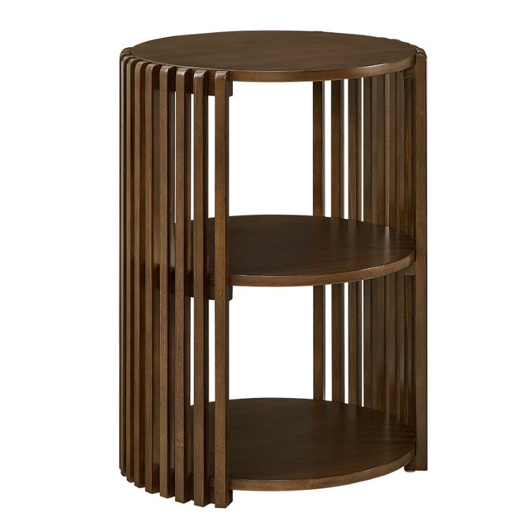 JLA Home Wyatt Slatted Pine Round End Table Two Open Shelves Natural Finish Modern Accent II120-0624