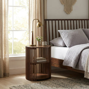 JLA Home Wyatt Slatted Pine Round End Table Two Open Shelves Natural Finish Modern Accent II120-0624