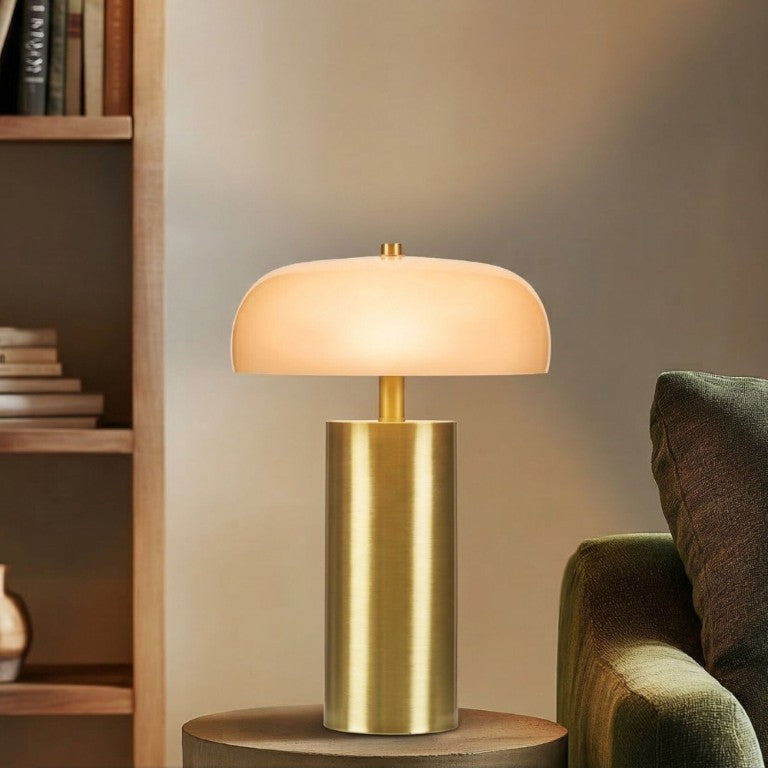 JLA Home Nilo Brushed Gold Iron Base Table Lamp with Dome Glass Shade for Warm Ambient Glow II153-0163