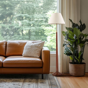 JLA Home Verla Dimmable Mid-Century Floor Lamp with Faux Wood Pole and White Tapered Shade II154-0166