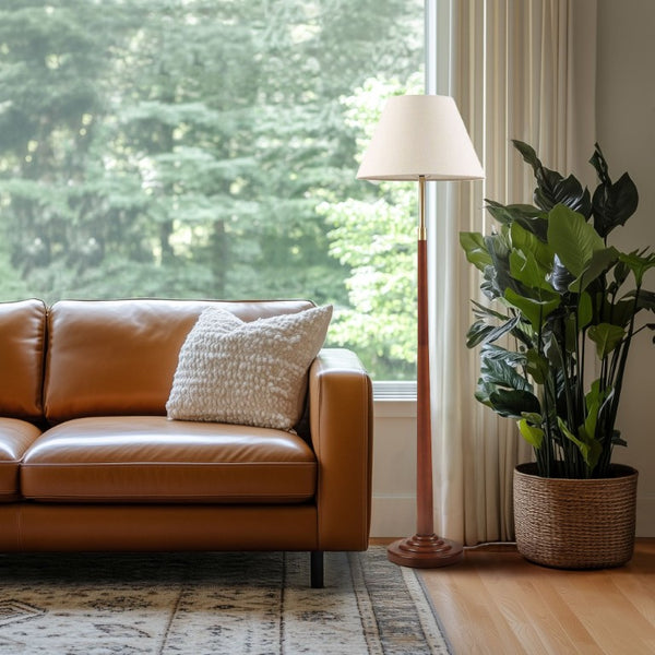 JLA Home Verla Dimmable Mid-Century Floor Lamp with Faux Wood Pole and White Tapered Shade II154-0166