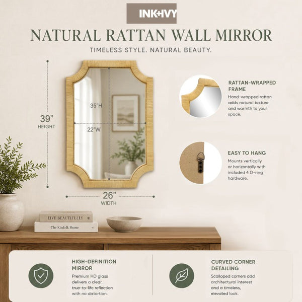 JLA Home Nova Artisan Rattan Framed Wall Mirror with Organic Texture for Bedroom or Entryway II95F-0167