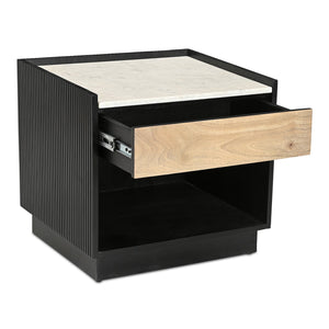 Moe's Home Carter Nightstand With Elegant White Banswara Marble Top And Stylish Ribbed Mango Wood Storage Black White Banswara Marble Top,Solid Mango Wood Drawer Front Ik-1035-02