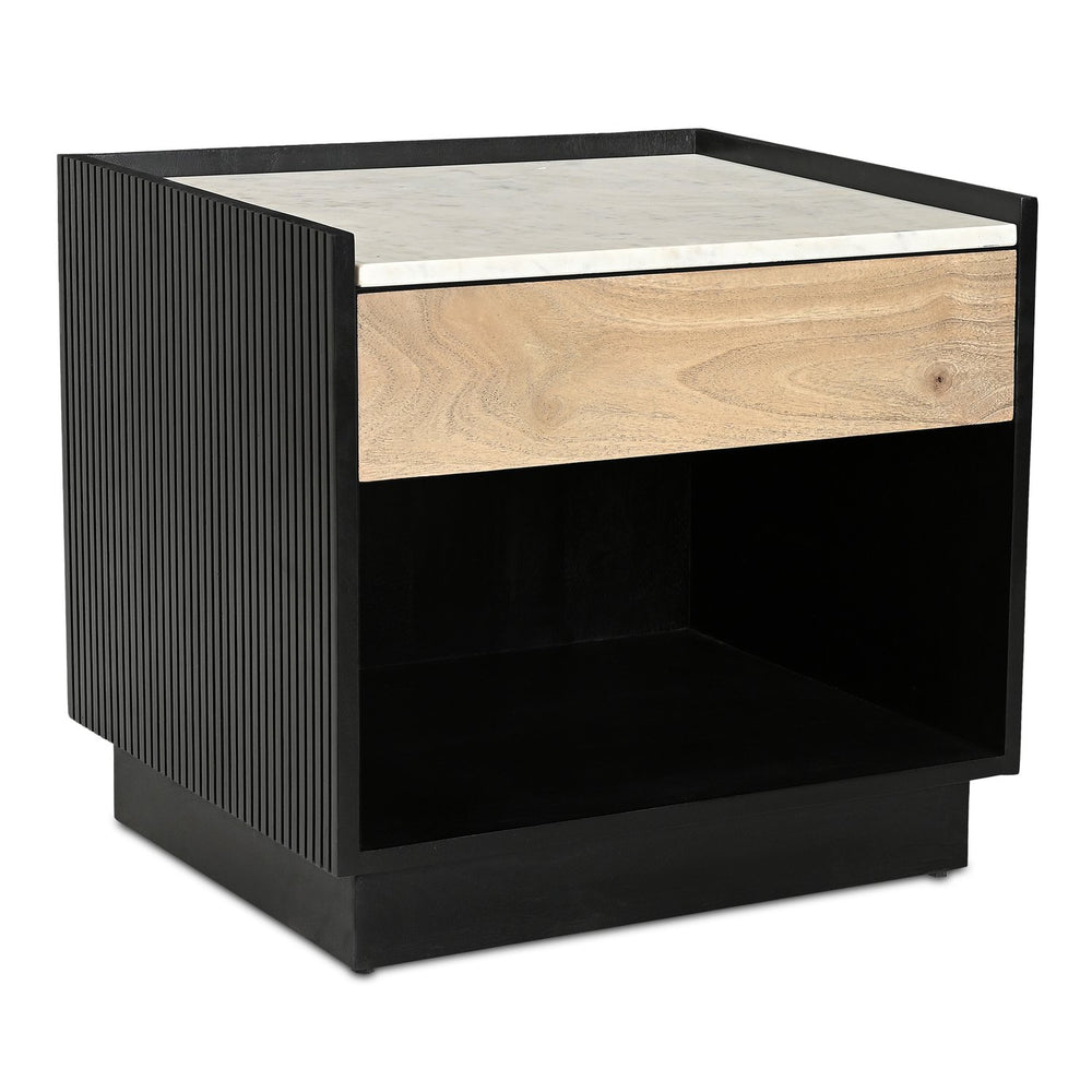 Moe's Home Carter Nightstand With Elegant White Banswara Marble Top And Stylish Ribbed Mango Wood Storage Black White Banswara Marble Top,Solid Mango Wood Drawer Front Ik-1035-02