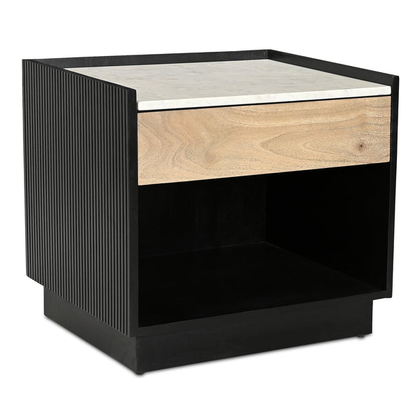 Moe's Home Carter Nightstand With Elegant White Banswara Marble Top And Stylish Ribbed Mango Wood Storage Black White Banswara Marble Top,Solid Mango Wood Drawer Front Ik-1035-02