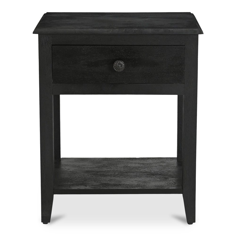 Moe's Home Corrine Nightstand - Charming Antique Finish With Floral Drawer Pull And Durable Mango Wood Design Black Mango Wood Cabinet,Legs & Drawer,Metal Side Mounted Glides Ik-1037-02