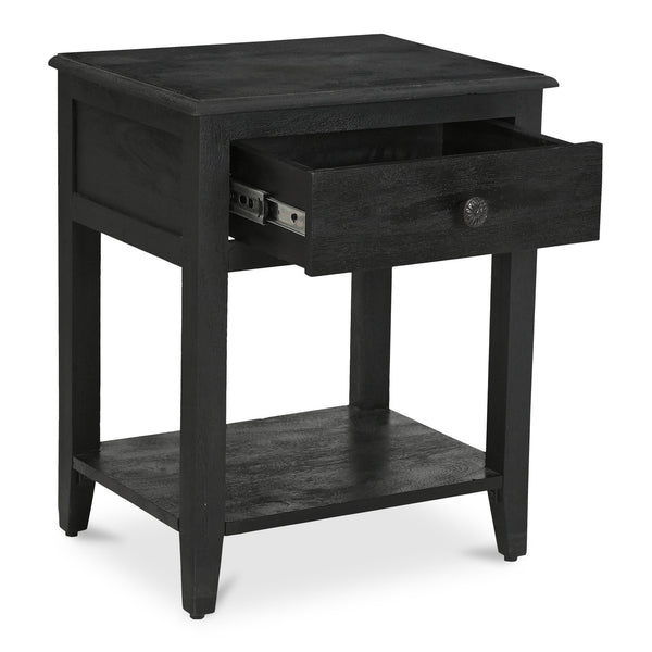 Moe's Home Corrine Nightstand - Charming Antique Finish With Floral Drawer Pull And Durable Mango Wood Design Black Mango Wood Cabinet,Legs & Drawer,Metal Side Mounted Glides Ik-1037-02