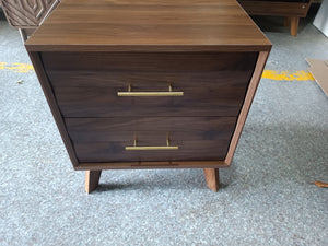 Walnut-Colored Two Drawer Nightstand with Pine Legs and Metal Hardware for Modern Bedrooms